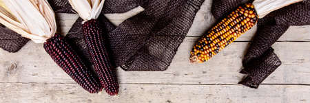 Panorama, brown and yellow corn cobs with jute on wooden tableの写真素材