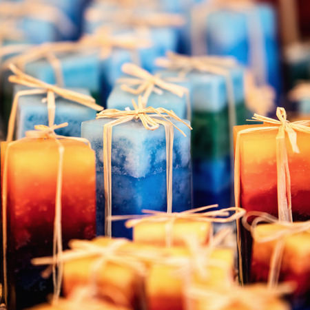 beautiful handmade candles on the market, handicraft for sale, decorationの写真素材