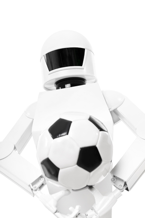 robot with football in his hands, isolated in front of white background, concept video assistant refereeの写真素材