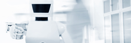 autonomous service robot in front of an empty room, with lot of copyspace, concept future technology backgroundの写真素材