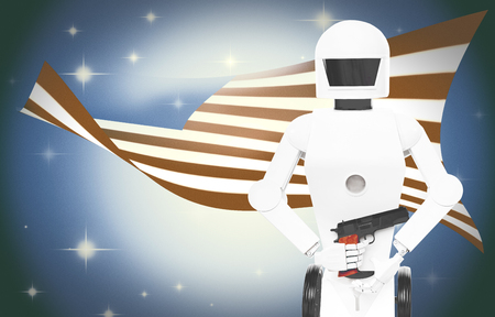 war robot with weapon in front of the united states of america flagの写真素材