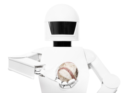 service robot with baseball in his hands, in front of white backgroundの写真素材