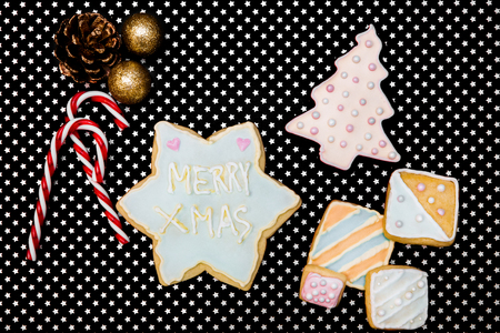 Christmas cookies and candy canes, Text Merry Xmas, Greeting card