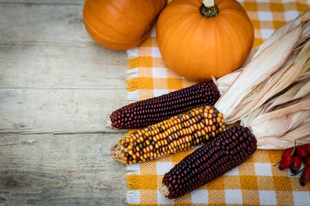 Pumpkin, corncob, and rose hips on old wood with tablecloth