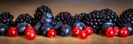 Panorama, fresh local fruits on wooden table, blackberries, blueberries and redcurrants, closeupの写真素材