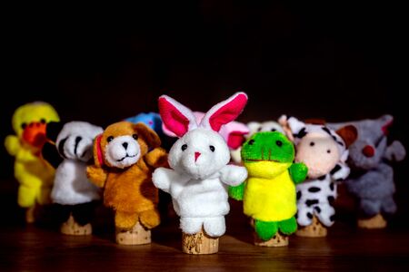 Different animal finger puppets, concept figures for an educater on the preschool or kindergarten, copyspaceの写真素材