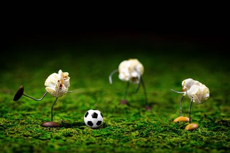cute funny popcorn figures are playing soccer, football or soccer scene with concept em or championship, celebrated with party snacksの写真素材