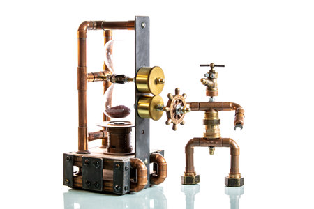 funny miniature craftsman, built from tools and materials, concept heating engineer or installer