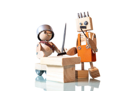 funny miniature craftsman, built from tools and materials, concept carpenter or diy or home craftsmanの写真素材