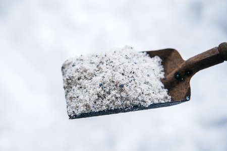 Road or thawing salt on a shovel, winter season, chemical danger for plants and animalsの写真素材