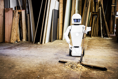 A robot works fully automatically in a carpentry workshop, robot autonomously performs various tasks in productionの写真素材