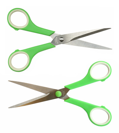 Green scissors isolated on white backgroundの写真素材