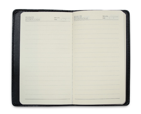 Open notebook with white lined pages isolated on white background.