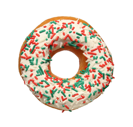 Donut with colorful sprinkles isolated on white background. Top viewの写真素材
