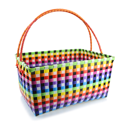 Hand craft weave plastic basket isolated on white background.の写真素材