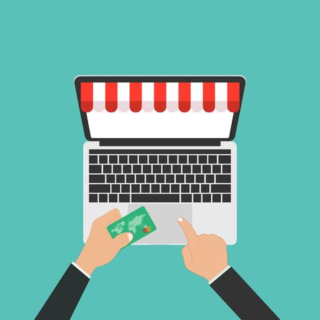 online shop in computer laptop buy store vector illustrationのイラスト素材