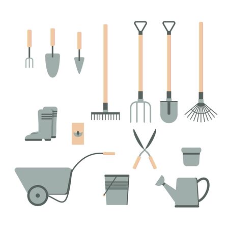 garden equipment tool set isolated white background vector のイラスト素材