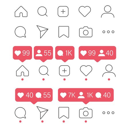 social media icon vector set. . share like heart message bubble chat sign symbol. love web. communication network. white background. outline modern design. isolated stock. red dotのイラスト素材
