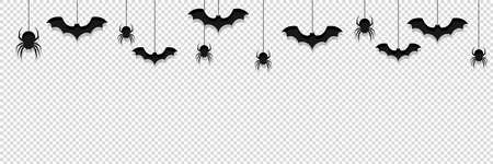 halloween background transparent vector. hanging black spider, bat, insect, pattern isolated illustration.のイラスト素材
