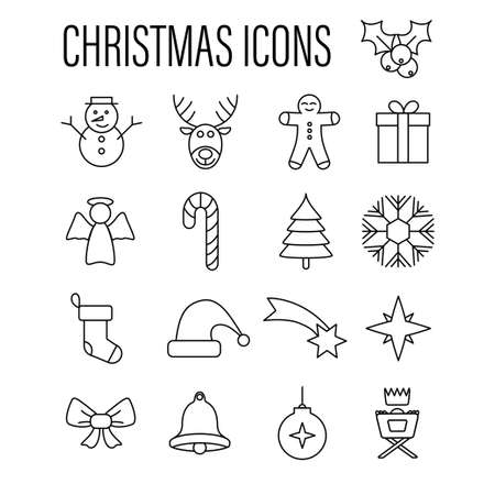 christmas line icon set vector. holiday season outline symbol. gift, snowman, tree, sock, snow, deer, angel, bell, candy, santa, cookie, star, cradle isolated white backgroundのイラスト素材
