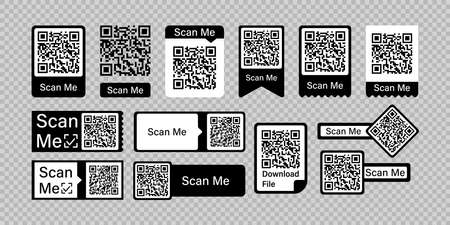 Qr code frame vector set. Scan me phone tag. Qr code mock up, mockup. Barcode smartphone id icon. Cellphone qrcode banner. Mobile payment and identity on white background.のイラスト素材