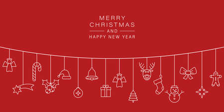 christmas vector banner line icon element on white background. celebration greeting card. black element ornament with santa, reindeer, gift, snowflake, angel, sock, snowman.のイラスト素材