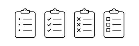 Checklist clipboard vector icon. check list sign outline isolated on white background. clip board pad symbol. complete document page, quality test mark. website stock illustrationのイラスト素材
