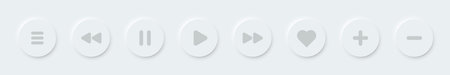 Online music player vector buttons. 3d modern design ui play stop button. Neomorphism graphic interface isolated button set. Video app click icons white background. Playlist control signs.のイラスト素材