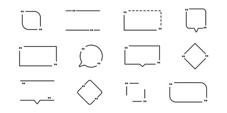 Quotation frame box vector illustration. Quote mark symbol icon set. Quoted text bubble shape isolated sign. Black quote textbox white background. vector stock citation frameのイラスト素材