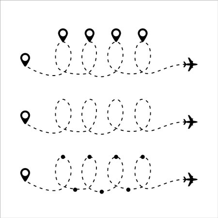 Plane route vector icon illustration. Airplane path on map. Jet way isolated white background. Route from airport to destination. Love to travel concept.のイラスト素材