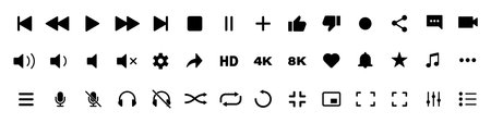 video media player icons vector set. multimedia music audio control. mediaplayer interface symbols. play, pause, mute sign. isolated white backgroundのイラスト素材
