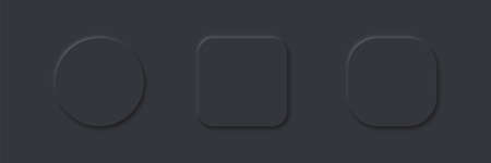 3D vector buttons neumorphic design. Geometric shapes: circle, square, 
rectangle dark, black background with light shadows. Web elements geometry modern trend tree-dimensional design.のイラスト素材