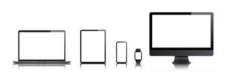 laptop, computer, tablet, mobile, watch mockup isolated blank screen vector set. white monitor touchscreen gadget technology equipment. phone, smartphone white  backgroundのイラスト素材