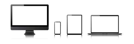 laptop, computer, tablet, mobile,  mockup isolated blank screen vector set. white monitor touchscreen gadget technology equipment. phone, smartphone on white  backgroundのイラスト素材