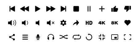 video media player icons vector set. multimedia music audio control. mediaplayer interface symbols. play, pause, mute sign. isolated white backgroundのイラスト素材
