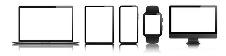 laptop, desktop computer, tablet, mobile smartwatch blank screen vector mock up. realistic pc, pad, smartphone smart watch empty screen mockup.  isolated gadget set  white background with reflection.のイラスト素材