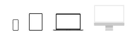 Device blank screen mockup. Realistic pc computer, laptop, tablet, mobile phone mock up. Vector isolatedのイラスト素材