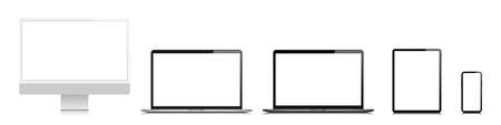 Device blank screen mockup. Realistic pc computer, laptop, tablet, mobile phone mock up. Vector isolatedのイラスト素材