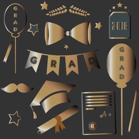 Graduation Package. Two Thousand Eighteen. Dark Background with rich golden graduation elements. Bow, tie, cap, mustache, etc. For Posters, banners, T-shirts, greeting cards, invitations, etc.のイラスト素材