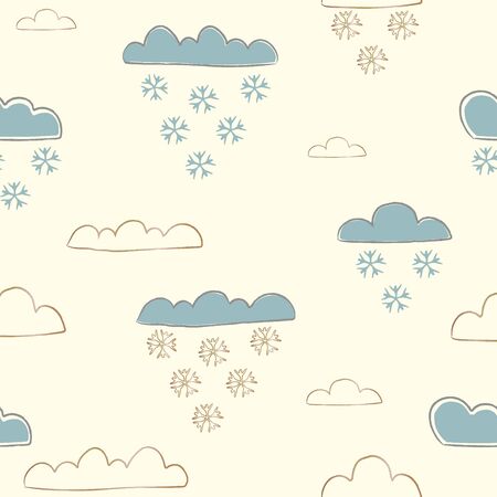 Winter Seamless Pattern with hand drawn cute clouds and falling snowflakes. For posters, wrapping paper, card, postcards, wall art, textile, wall art design, decorations, etc. Vector Illustrationのイラスト素材