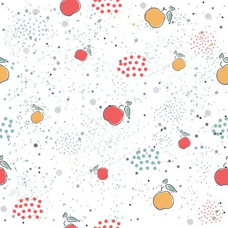 Cute Seamless Pattern with pears, apples and dotted background. hand Drawn Delicate Design. Scandinavian Style.Vector Illustrationのイラスト素材