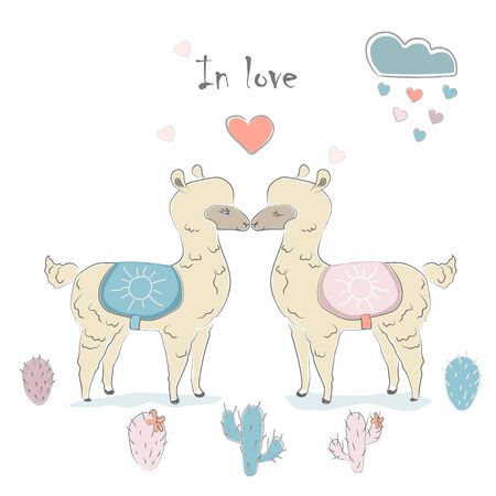 Cute Alpaca Couple. Hand Drawn Delicate Design for cards, decorations, etc. Scandinavian Style. Vector Illustration&#xA;&#xA;のイラスト素材