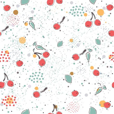 Cute Seamless Pattern with pears, cherries dotted background. hand Drawn Delicate Design. Scandinavian Style. Vector Illustrationのイラスト素材