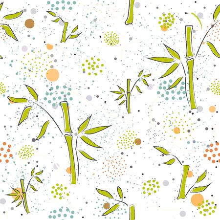 Seamless Pattern with hand drawn bamboo on modern dotted background. Great for swatches, fabric, textile, textures, wall art, gift/wrapping paper, etc. Vector Illustrationのイラスト素材