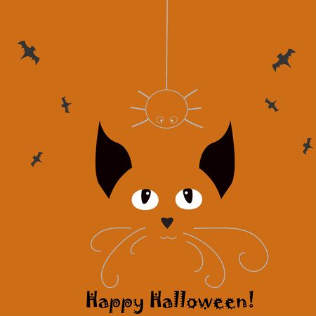 Halloween Holiday card with cat and hanging spider on a web. Flying bats and autumn leaves in the background. Vector Illustrationのイラスト素材