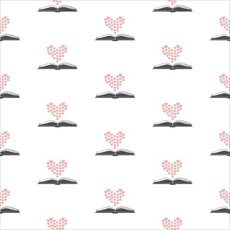 Seamless pattern with open romance genre book and heart above it. Flat Design. Vector Illustrationのイラスト素材