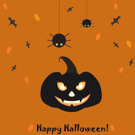 Happy Halloween Card with evil pumpkin and two hanging spiders on background with flying bats and leaves. Vector Illustrationのイラスト素材