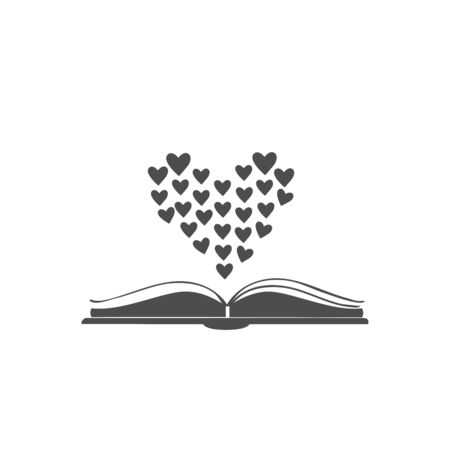 Open book icon with hearts shaped in bigger heart above it. Flat Design. For romance books. Vector Illustrationのイラスト素材