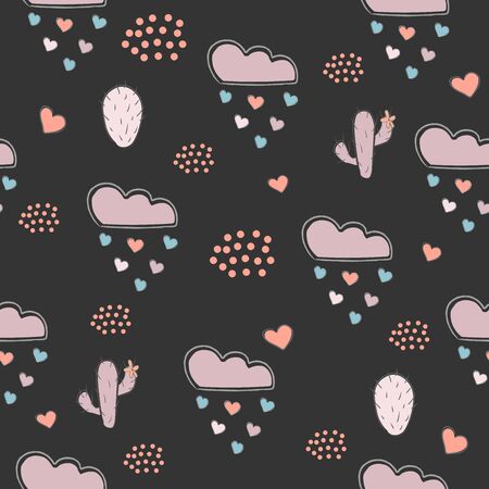 Seamless Pattern with cacti, hearts and clouds raining with hearts. Vector Illustrationのイラスト素材