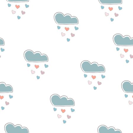 Cute Seamless pattern with hearts and clouds raining hearts on paper background. Vector Illustrationのイラスト素材